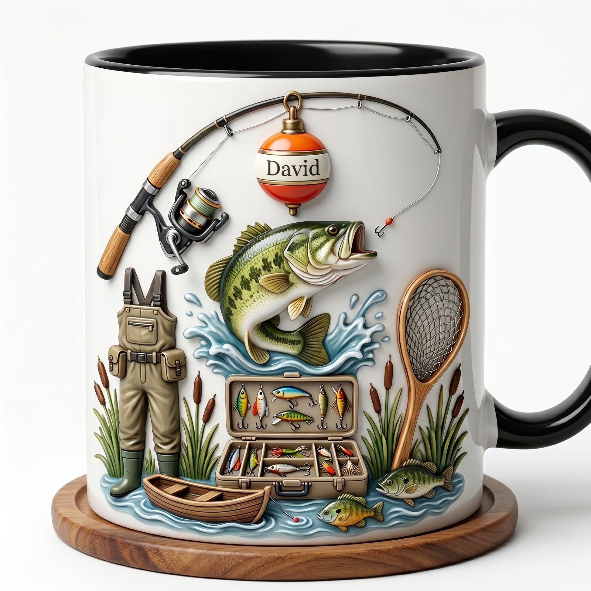 Custom Fishing Dad Mug, Personalized Bass Angler Gift, 3D Effect Tackle Box Fisherman Coffee Cup, Unique Fishing Rod Bobber Name Present