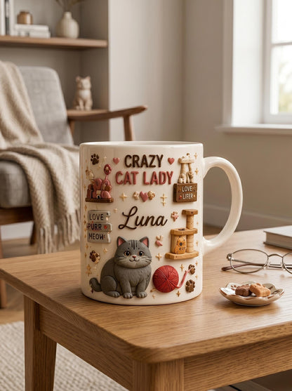 Personalized 3D Effect Crazy Cat Lady Mug, Custom Name Luna Cat Lover Coffee Cup, Faux 3D Inflated British Shorthair Gift, Cute Cat Mom Mug