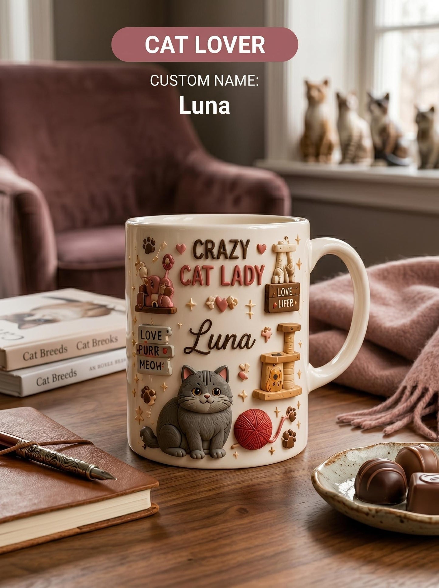 Personalized 3D Effect Crazy Cat Lady Mug, Custom Name Luna Cat Lover Coffee Cup, Faux 3D Inflated British Shorthair Gift, Cute Cat Mom Mug