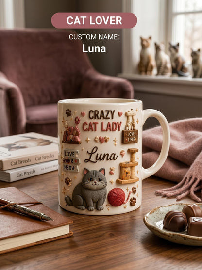 Personalized 3D Effect Crazy Cat Lady Mug, Custom Name Luna Cat Lover Coffee Cup, Faux 3D Inflated British Shorthair Gift, Cute Cat Mom Mug