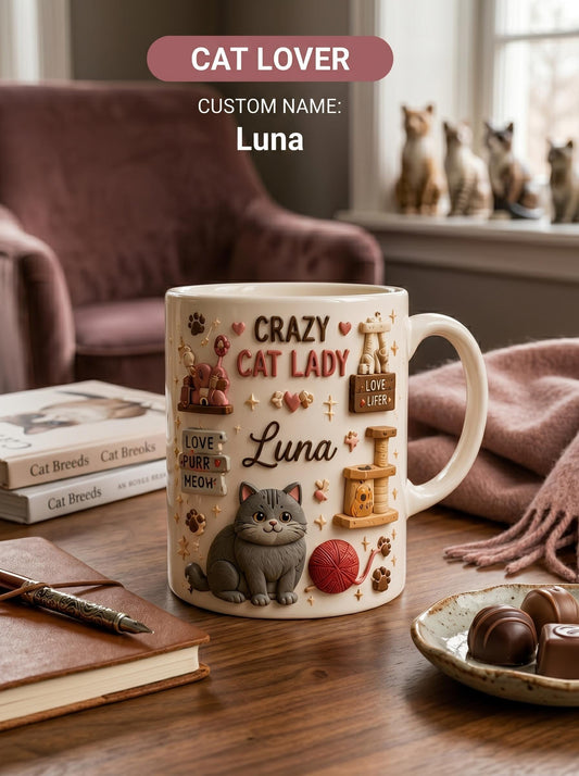 Personalized 3D Effect Crazy Cat Lady Mug, Custom Name Luna Cat Lover Coffee Cup, Faux 3D Inflated British Shorthair Gift, Cute Cat Mom Mug
