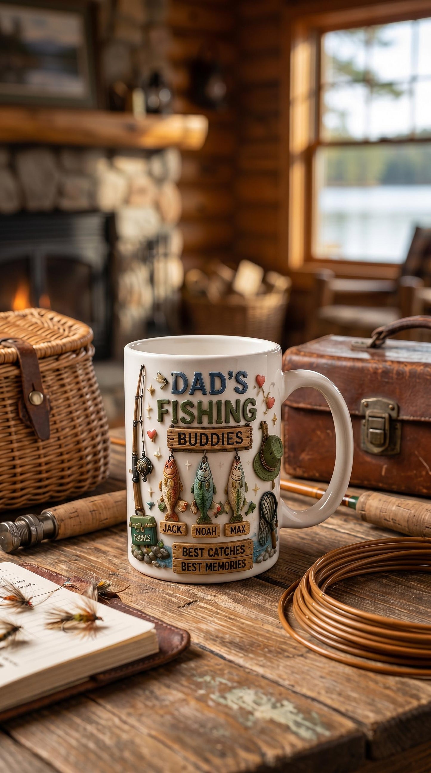 Custom 3D Effect Fishing Dad Mug, Personalized Kids Name Coffee Cup, Faux 3D Inflated Dad's Fishing Buddies Gift, Reel Cool Grandpa Gift