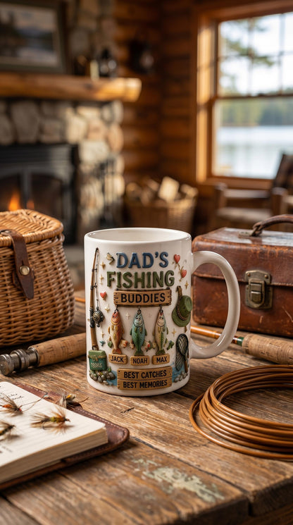 Custom 3D Effect Fishing Dad Mug, Personalized Kids Name Coffee Cup, Faux 3D Inflated Dad's Fishing Buddies Gift, Reel Cool Grandpa Gift