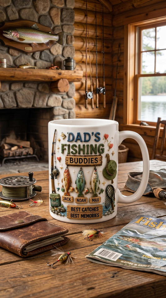 Custom 3D Effect Fishing Dad Mug, Personalized Kids Name Coffee Cup, Faux 3D Inflated Dad's Fishing Buddies Gift, Reel Cool Grandpa Gift