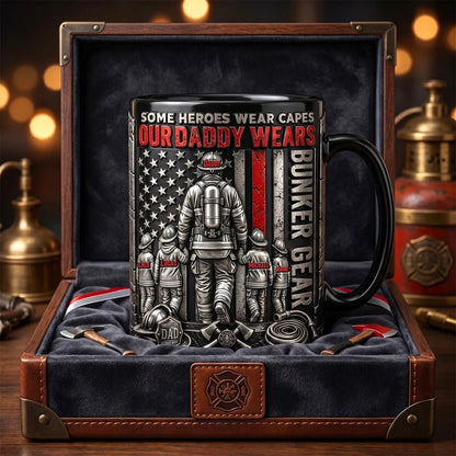 Personalized Firefighter Dad Mug 11oz 15oz, Our Daddy Wears Bunker Gear Coffee Cup, Custom Fireman Father's Day Gift From Kids Thin Red Line