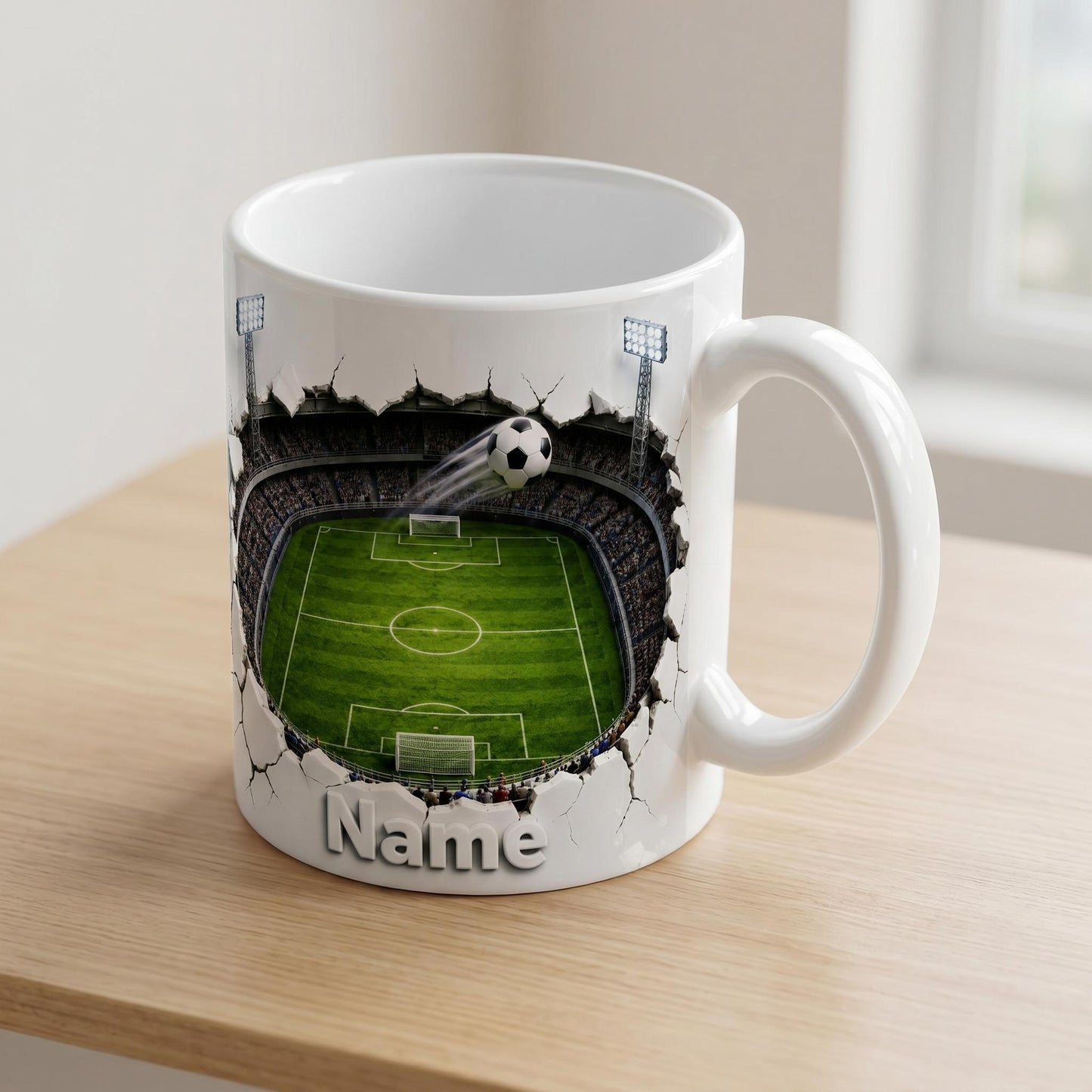 Personalized Soccer Field Mug, Custom Name Football Player Coffee Mug, 3D Ripped Stadium Mug, Sports Fan Coach Mug, Fathers Day Gift