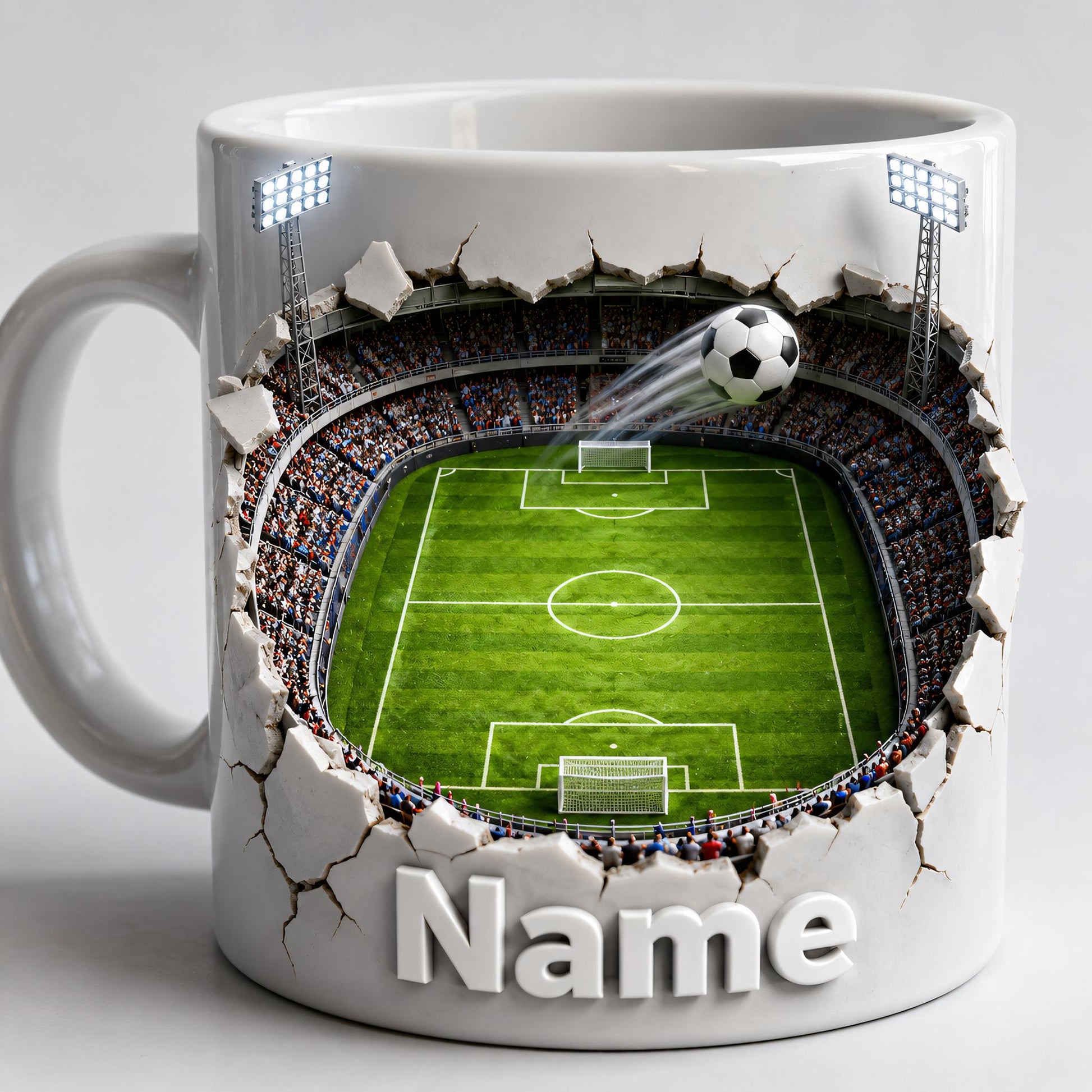 Personalized Soccer Field Mug, Custom Name Football Player Coffee Mug, 3D Ripped Stadium Mug, Sports Fan Coach Mug, Fathers Day Gift