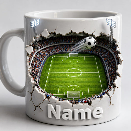 Personalized Soccer Field Mug, Custom Name Football Player Coffee Mug, 3D Ripped Stadium Mug, Sports Fan Coach Mug, Fathers Day Gift