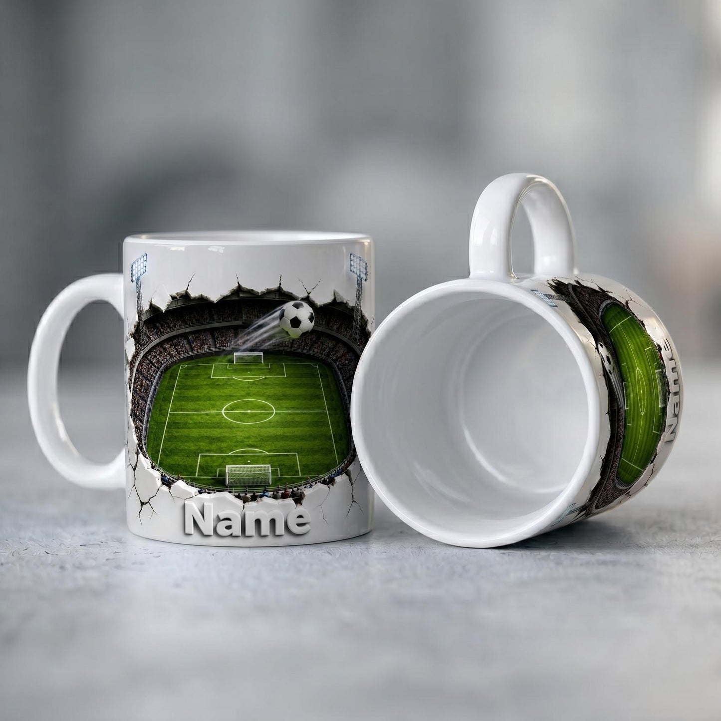 Personalized Soccer Field Mug, Custom Name Football Player Coffee Mug, 3D Ripped Stadium Mug, Sports Fan Coach Mug, Fathers Day Gift