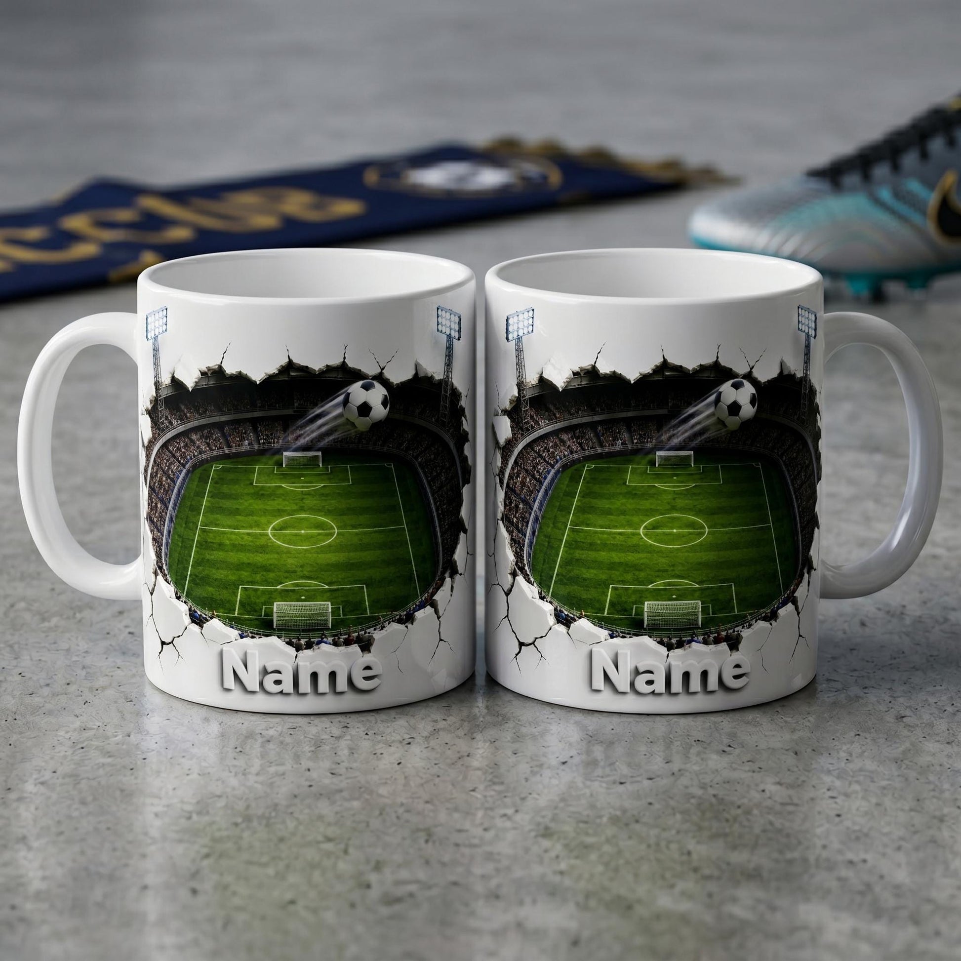 Personalized Soccer Field Mug, Custom Name Football Player Coffee Mug, 3D Ripped Stadium Mug, Sports Fan Coach Mug, Fathers Day Gift