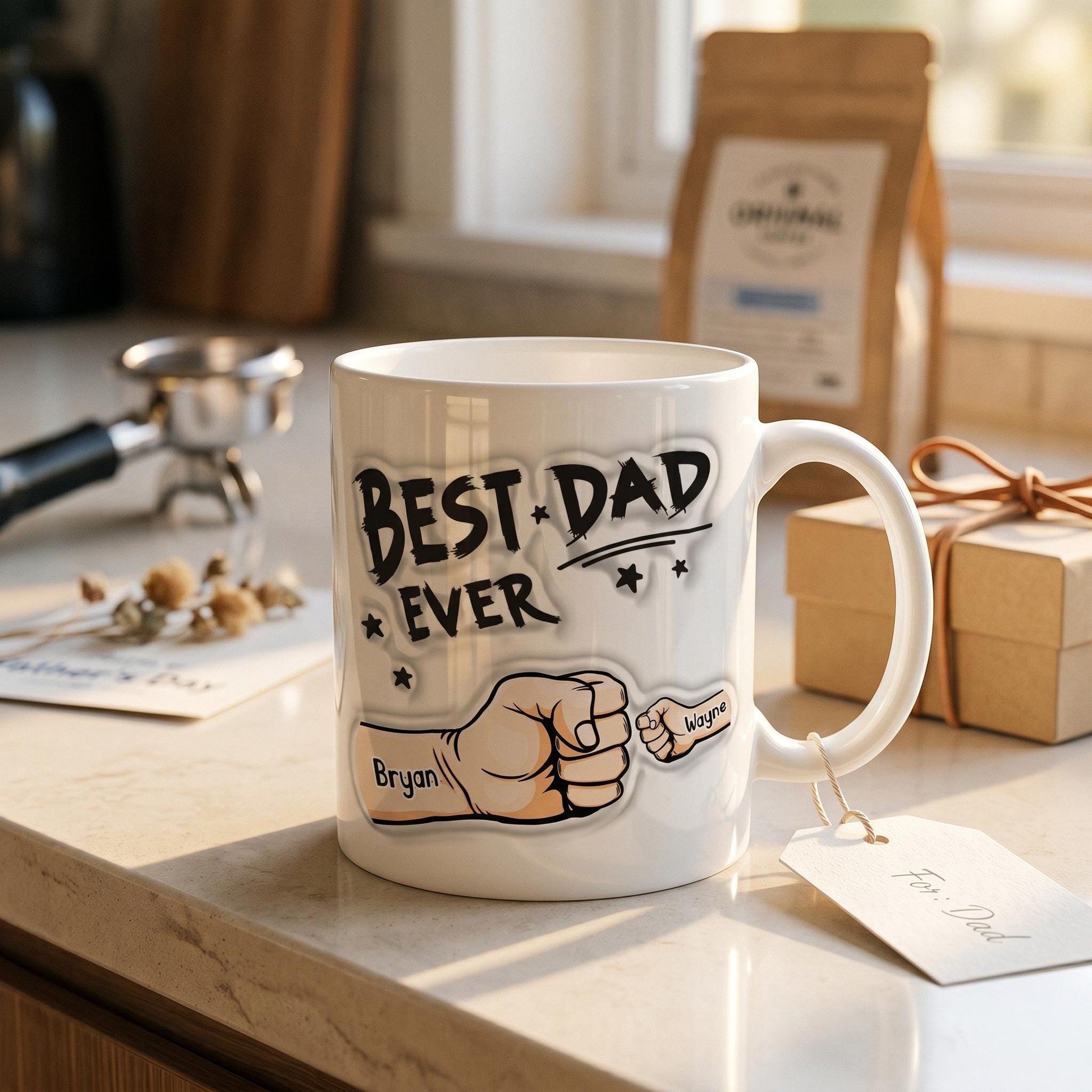 Personalised Dad Mug: 3D Effect, Custom Kids Names Ceramic Keepsake