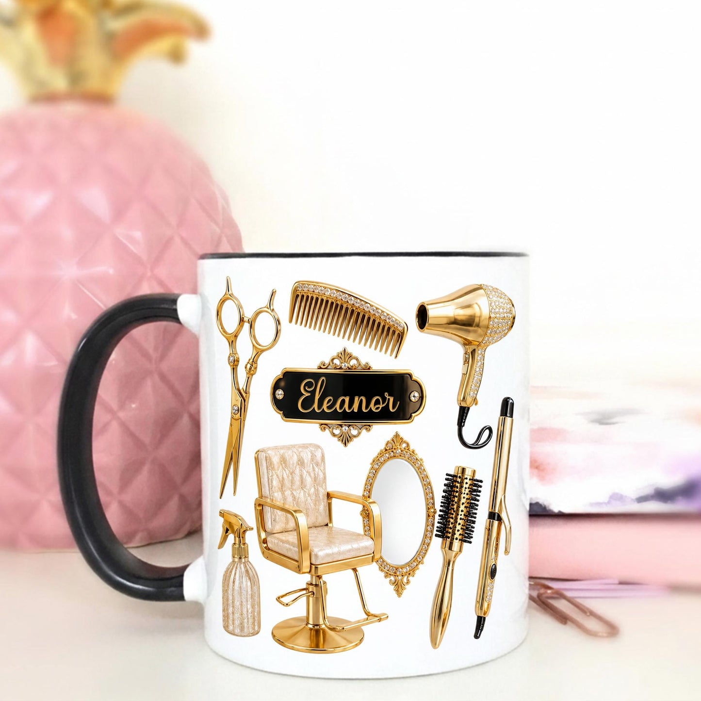 Personalized Hairstylist Mug Custom Name, Hairdresser Appreciation Gift, Gold Hair Stylist Coffee Cup Salon Owner Cosmetology Graduation