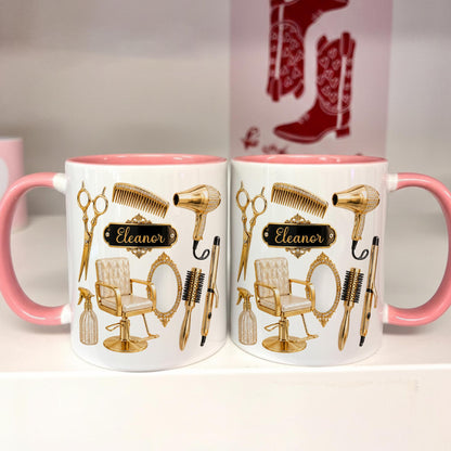 Personalized Hairstylist Mug Custom Name, Hairdresser Appreciation Gift, Gold Hair Stylist Coffee Cup Salon Owner Cosmetology Graduation