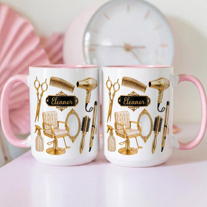 Personalized Hairstylist Mug Custom Name, Hairdresser Appreciation Gift, Gold Hair Stylist Coffee Cup Salon Owner Cosmetology Graduation