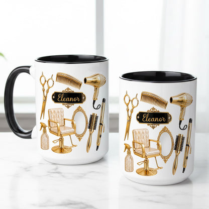 Personalized Hairstylist Mug Custom Name, Hairdresser Appreciation Gift, Gold Hair Stylist Coffee Cup Salon Owner Cosmetology Graduation