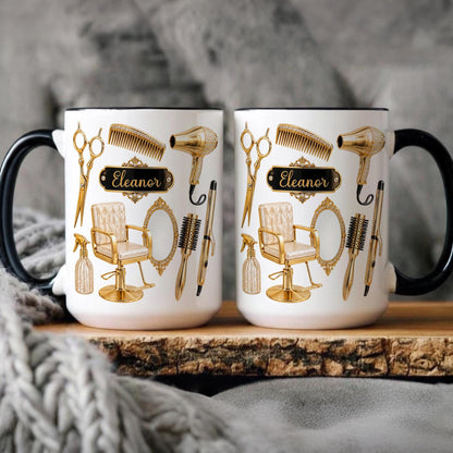 Personalized Hairstylist Mug Custom Name, Hairdresser Appreciation Gift, Gold Hair Stylist Coffee Cup Salon Owner Cosmetology Graduation